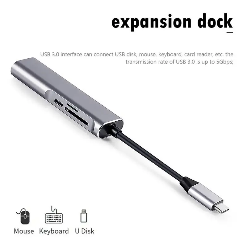 5-в-1 Тип C концентратор USB-C для USB3.0+ HDMI+ TF слот для карт+ PD Мощность Порты и разъёмы адаптер