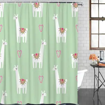 

Durable Polyester Bathroom Shower Curtains Standard 66'' x 72'', Cute Llama with Candy Cane Hearts Fun Pattern on Mint Green