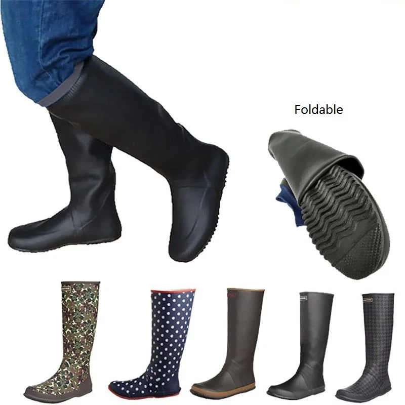 

Japan Style Soft Unisex Women High Rain boots Foldable Rubber Galoshes Black Field Planting Shoes Big Size
