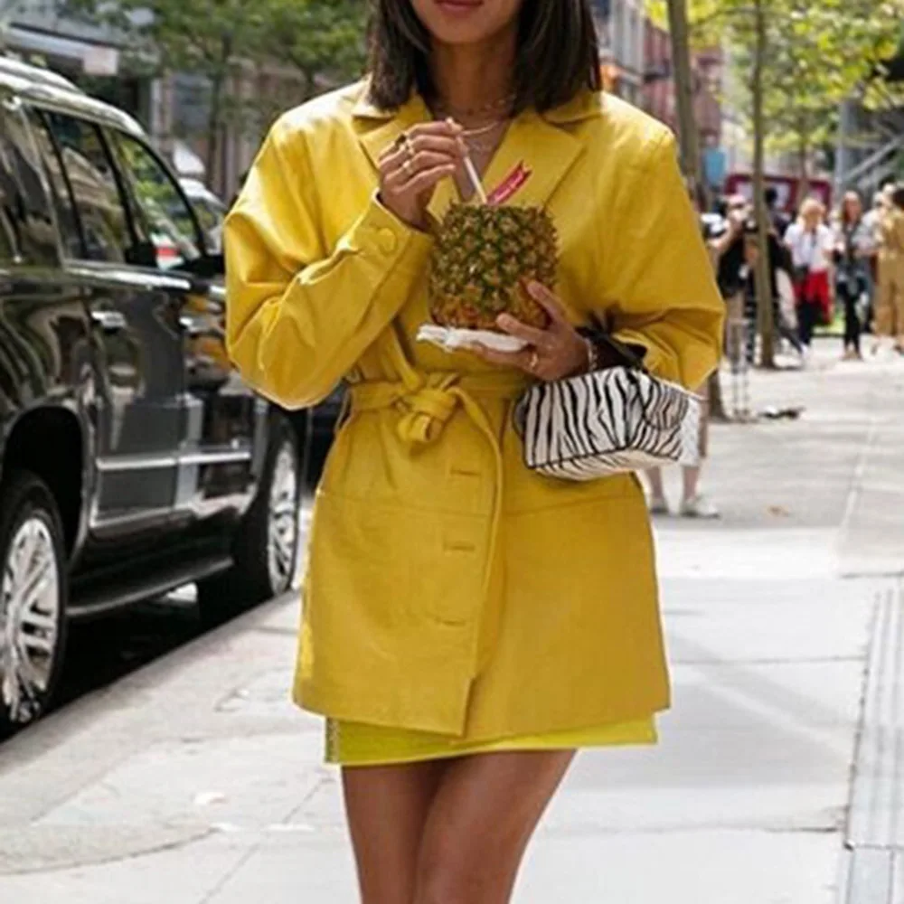 

Faux Leather Yellow Biker Blazer Women Sashes Harajuku Windbreaker Coats Ladies Casual Turn-down Collar Overcoat Fall Spring