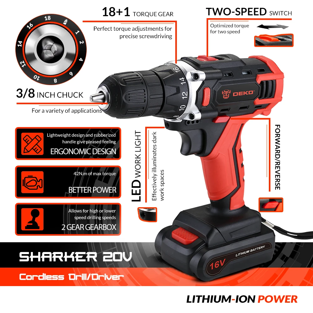 Factory Outlet DEKO New Sharker 20V Cordless Drill Electric Screwdriver Adjustable Speed Work with DC Lithium-Ion Battery