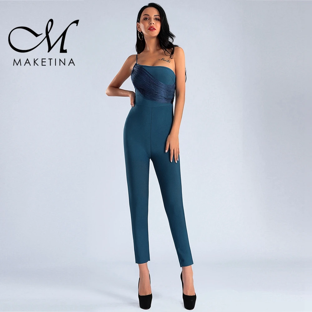 

Maketina New Summer Runway Bandage Jumpsuit for Women 2019 Aquamarine Sexy Strapy Sleeveless Maxi Tassels Bandage Jumpsuits