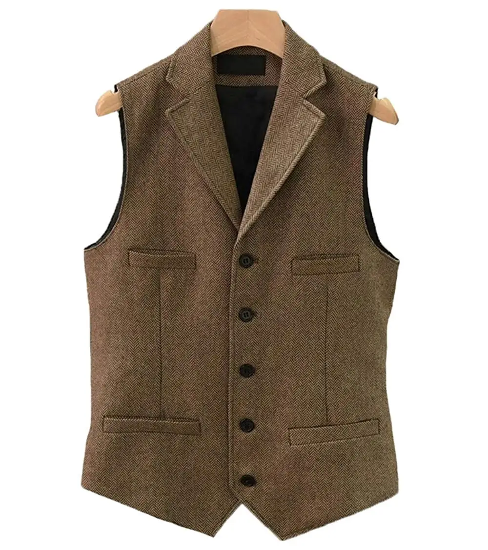 

2019British style Men's Casual Tweed suit Vest Slim Fit Notch Lapel custom made Waistcoat For Wedding Groomsmen Leisure Business