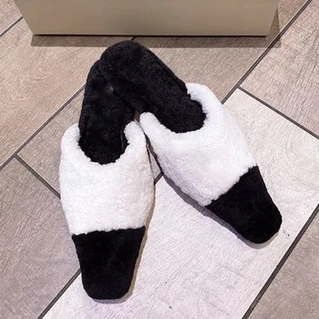 

Flat square toe slippers women sheep fur mixed colors sandals summer party shoes lazy mullers outside wear comfort loafers