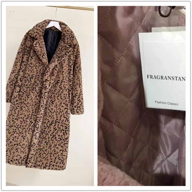 Leopard warm liner Женское зимнее пальто высокого качества с искусственным кроличьим мехом, Свободное пальто с отворотом, роскошное длинное меховое пальто, женские толстые теплые плюшевые пальто больших размеров - Цвет: Leopard warm liner