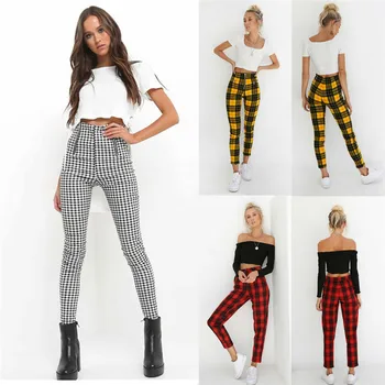 

Women Leggings New Skinny High Waist Sexy Jeans Trousers Denim Slim Stretchy Pencil Pants Zip-up Plaid Bodycon Pants Leggings