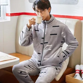 

Flannel Pajamas Set For Man Autumn Winter 2 Piece/Set Pyjama Plus Size Warm Thicken Homewear Long Sleeve Home Clothes