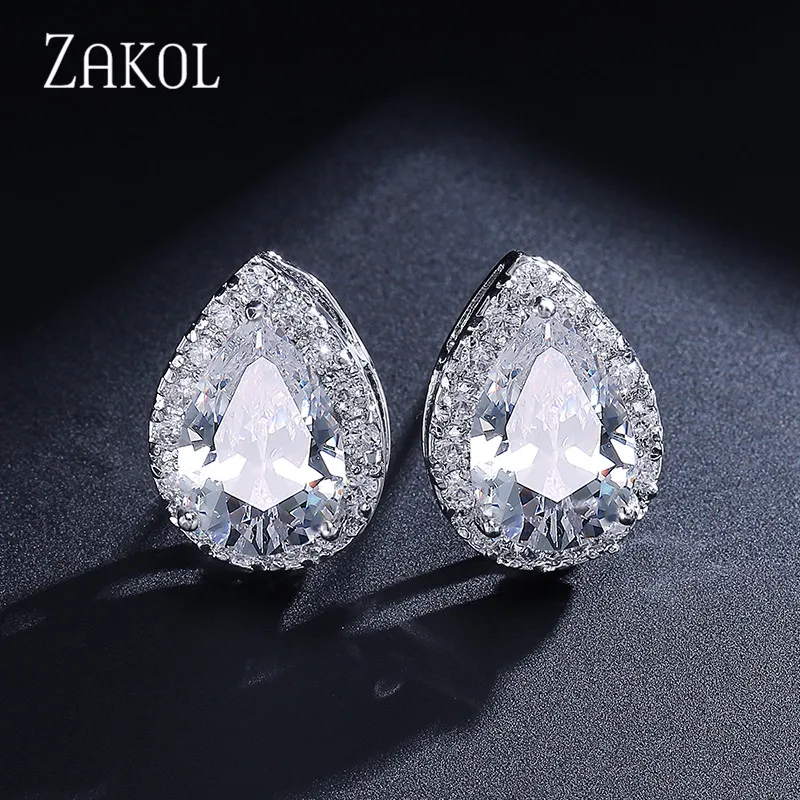 ZAKOL Fashion Big Pear Cubic Zircon Stud Earrings with Tiny Crystal Exquisite White Color Bridal Wedding Jewelry Aretes FSEP001