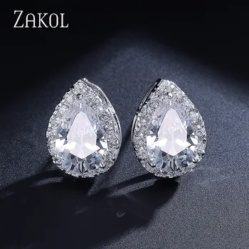 ZAKOL Fashion Big Pear Cubic Zircon Stud Earrings with Tiny Crystal Exquisite White Color Bridal Wedding Jewelry Aretes FSEP001