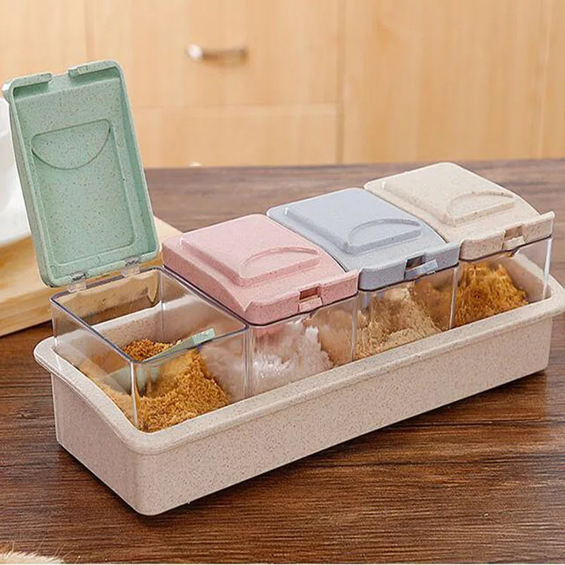 

Clear Seasoning Rack Spice Pepper Pots 4 Piece Acrylic Seasoning Box Storage Container Condiment Jars Kitchen Accessories