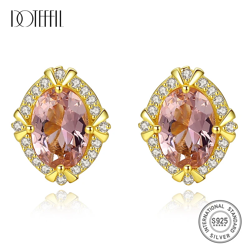

DOTEFFIL New Genuine 925 Silver Luxury Gemstone Stud Earrings for Women Big Oval Morganite Engagement Earrings Jewellery Brincos