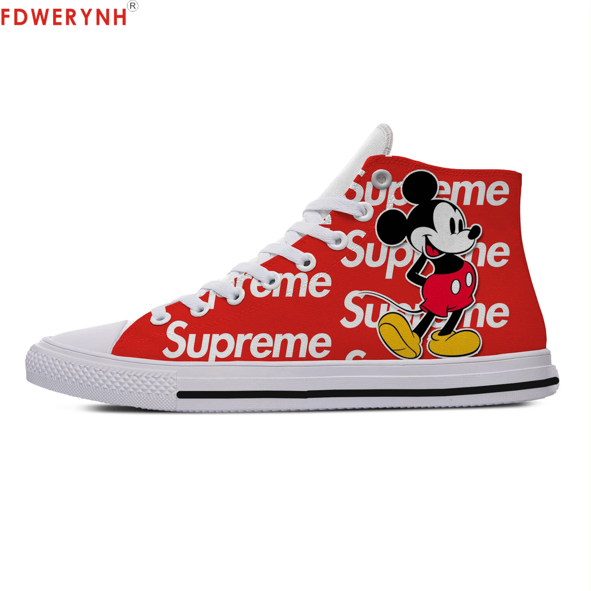 

Men Walking Shoes Customized Mickey Printed Off White Shoes Of Women High-top Canvas Mouse Shoes Breathable Casual Lace-up Shoes