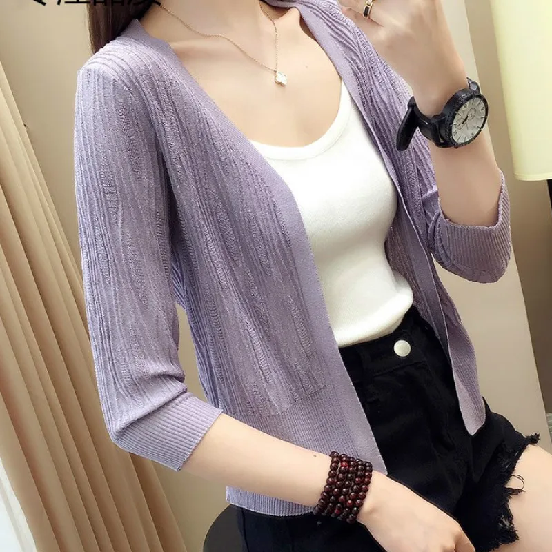 Женский кардиган с рукавом три четверти вязаный свитер шелковой шалью тонкий