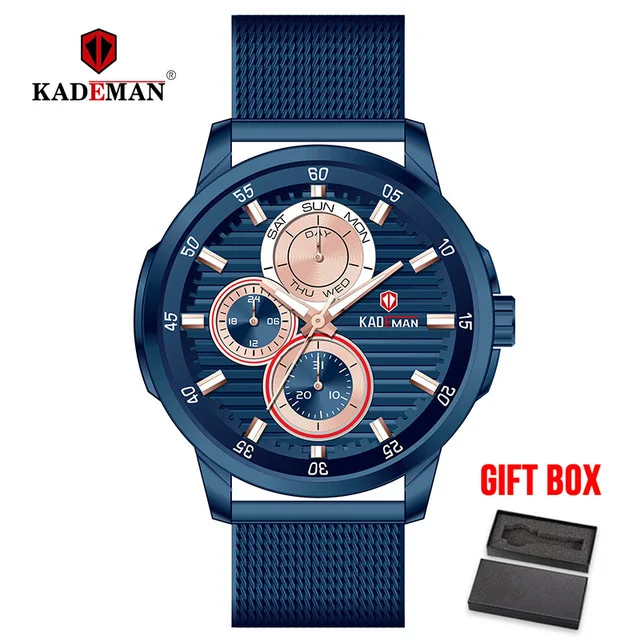 KADEMAN мужские часы хронограф водонепроницаемый милитари, спортивные кварцевые часы лучший бренд Сплав Мужские наручные часы Relogio Masculino - Цвет: Синий