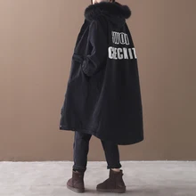 Женская новая зимняя верхняя одежда размера плюс литературная старомодная надпись с меховым воротником Длинное свободное джинсовое пальто