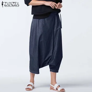 

ZANZEA Summer Autumn Women Casual Harem Trousers Drop Crotch Denim Blue Pants Vintage Lace Up Pantalon Hip Hop Pants Plus Size
