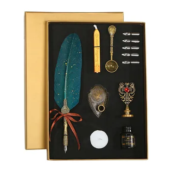 

5 Nib Exquisite With Ink Sprinkling Gold Fountain Pen Set Vintage Birthday Gift Office Artificial Feather Student Smooth Writing