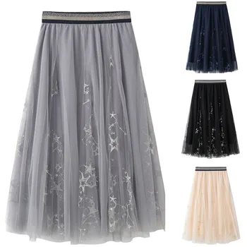 

Women One Size Skirt Three-dimensional Embroidery Leaf Mesh Yarn SkirtsMesh skirt embroidered five-pointed star fluffy