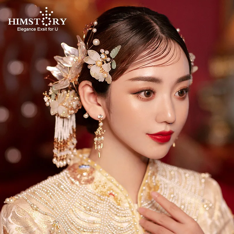 

HIMSTORY Chinese Hairpin Pearl Beading Tassel Super Fairy Hairpins National Wedding Hair Accessories Hair Clasp Full Set