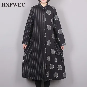 

2019 Autumn New Casual Fashion Retro Women Loose Plus Irregular Linen Striped Dot Long Sleeve Dress Dresses Z594