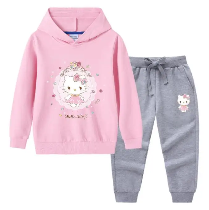 thumbnail image 1 of Hello Kitty-Sudadera con capucha para niña, pantalones deportivos, ropa de dos piezas para niño, conjunto de bebé de manga larga de algodón puro, moda bonita, 1 of 5