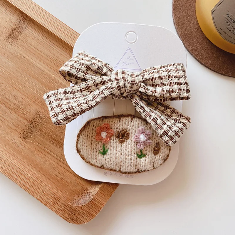 Vintage Baby Girl Hair Clips 2in Handmade Cotton Bows Crochet Woolen Floral Print Kids Hairgrips Cute Children Hair Accessories hair clips hair accessories