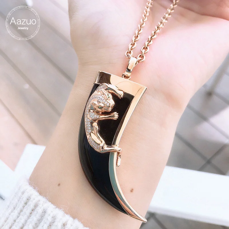 

Aazuo Hip Hop 100% Real 18K Rose Gold Natural Black Agate Leopard Spike Shape Pendent With Chain gifted for Man Luxury Jewelry