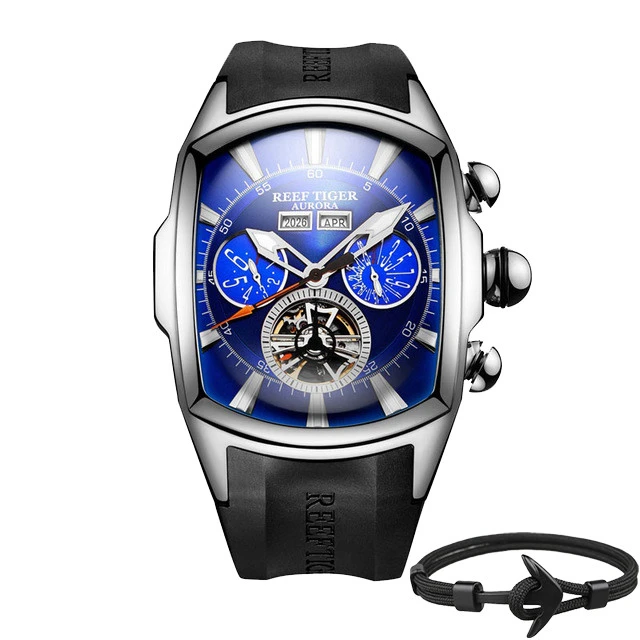 Топ бренд Reef Tiger Reloj Hombre Роскошные Tourbillon циферблат автоматические часы с резиновым ремешком механические водонепроницаемые мужские часы даты Relogio Masculino+ подарок - Цвет: RGA3069-YLB Box Gift