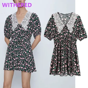 

Withered england vintage lace splicing v-neck loose mini summer dress women vestidos de fiesta de noche vestidos party dress