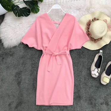 pink dress Осеннее вязаное платье, корейское трикотажное платье-свитер, женское облегающее сексуальное платье с глубоким v-образным вырезом, элегантные вечерние платья, Vestidos, одежда короткая - Цвет: pink dress