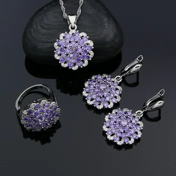 

925 Sterling Silver Bridal Jewelry Set For Women Purple Cubic Zirconia Crystal Earrings/Ring/Pendant/Necklace Set