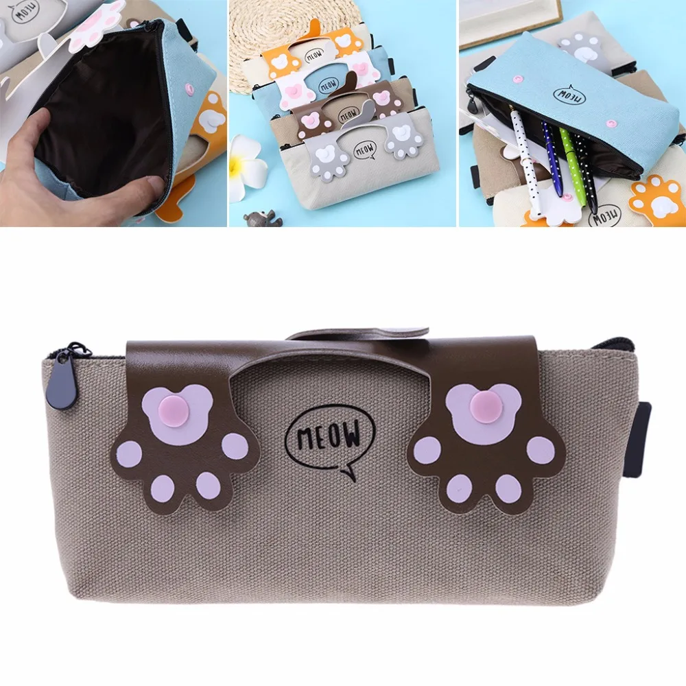 

2018 Cute Cat Paws Canvas Pencil Case Pen Box School Stationery Cosmetic Makeup Bag Pencil Bags Cases