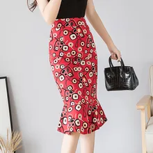 Сексуальные женские Юбки-миди с высокой талией и принтом modis, новинка, корейские эластичные юбки с оборками, Облегающие юбки размера плюс, женские юбки