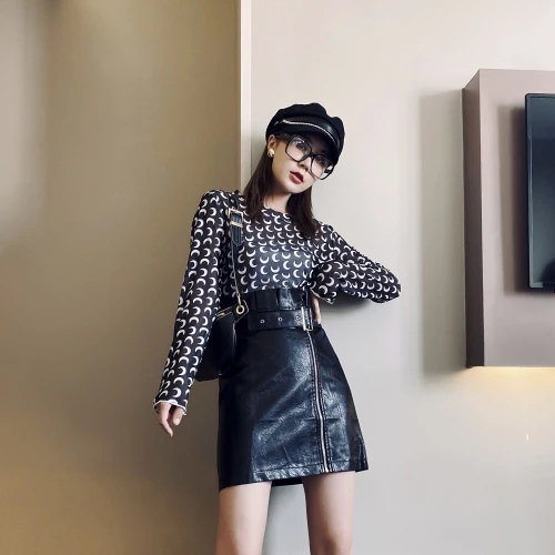 Black with belt Одежда в стиле ампир с оборками в Корейском стиле на молнии, юбка с поясом для женщин, Осень-зима, сексуальная трапециевидная юбка из искусственной кожи, Jupe Femme B9D405 - Цвет: Black with belt