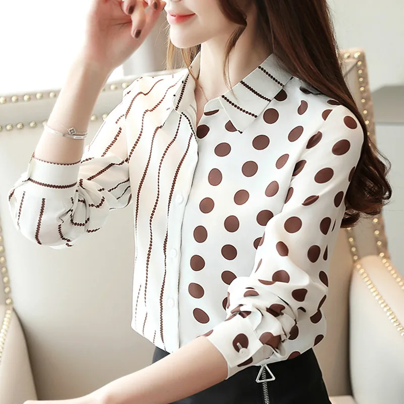  2020 Long Sleeve Polka Dot Office Shirt Women Fashion Spring Chiffon Blouse Women Striped Tops Blus