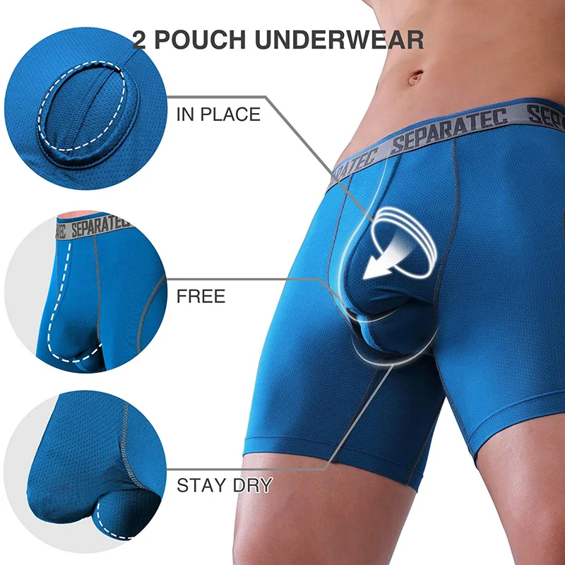 Separatec Men's Sport Mesh Fabric Performance Underwear Dual Pouch Long Leg  Boxer