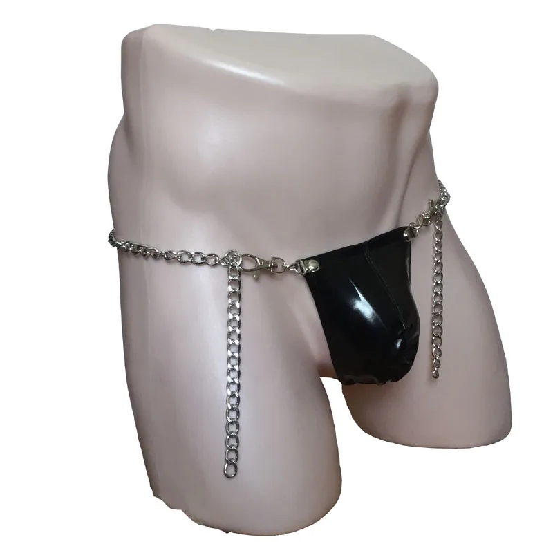Male Underwear Sexy Wet Look Patent Leather Bulge Pouch G-string Bikini Metal Chain Waist Restraint Shorts Fetish Lingerie Men