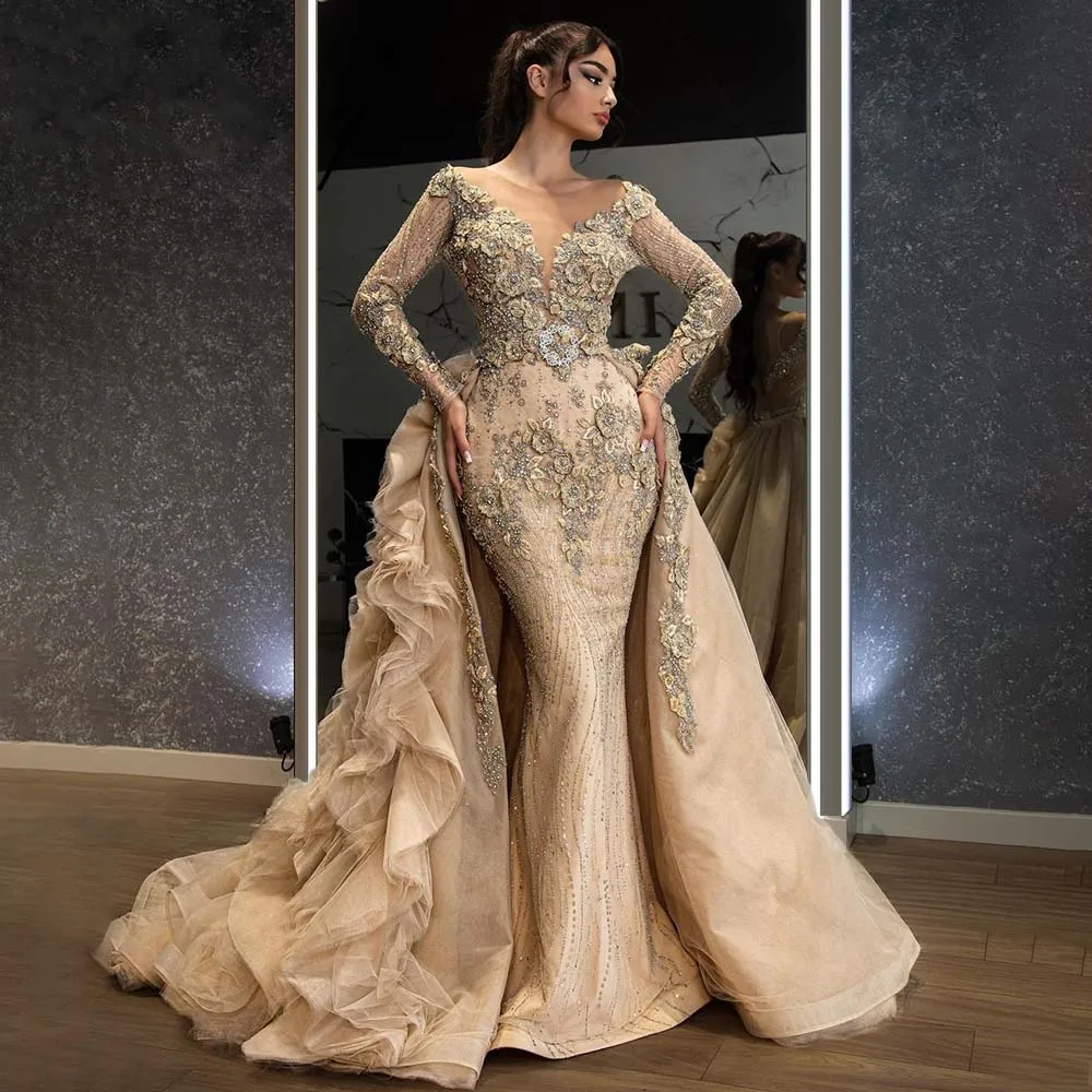 Gorgeous Champagne Prom Dress With Detachable Train Glitter Beaded ...