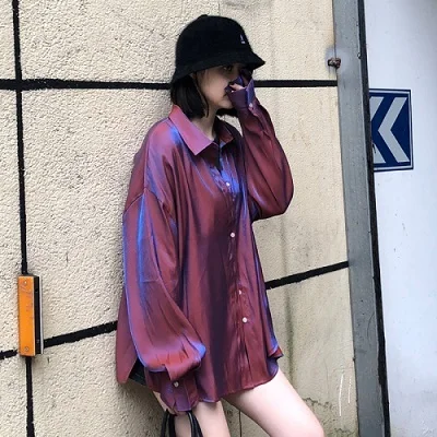 wine red Корейский яркий блестящий металлик Свободная блузка женская Осень Harajuku уличная блузки-кимоно женская укороченная Толстовка Blusas Mujer - Цвет: wine red