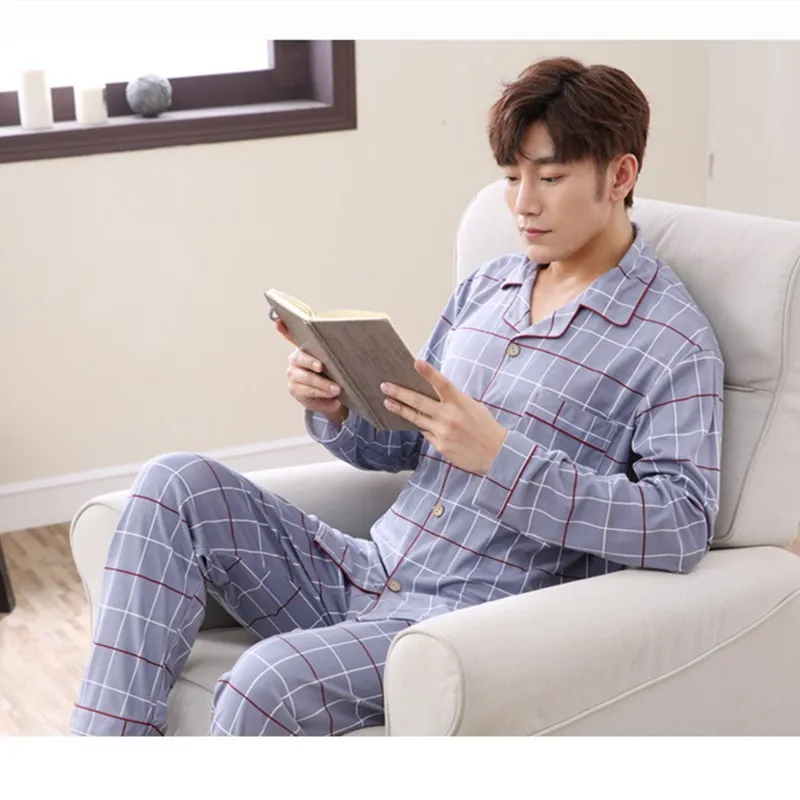 Men's Long Sleeve Spring Cotton Nightwear Little Bird Plaid Turn-down Collar Men Pajama Sets Plus Size Pajamas Suits L-3XL Men's Long Sleeve Spring Cotton Nightwear Little Bird Plaid Turn-down Collar Men Pajama Sets Plus Size Pajamas Suits L-3XL