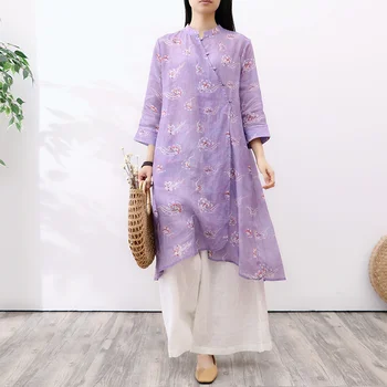 

Makuluya National Sweet Vintage Women's clothing collar printed Ramie irregular long cotton Dress Shirts New Spring Summer L6