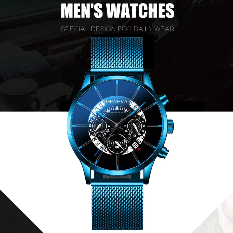 Blue Blue Reloj Hombre Luxury Men's Fashion Business Calendar Watches Men casual Stainless Steel Mesh Belt Analog Quartz Watch - Цвет: Blue Blue