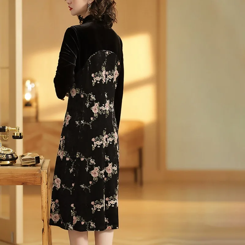 Женское осеннее платье Cheongsam с цветочным принтом элегантное длинным рукавом и