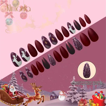 

24Pcs/Set Almond Christmas Designs Fake Nail Purple With Red Nail Art Decorations Artificial Full Cover False Nails Salon Tools