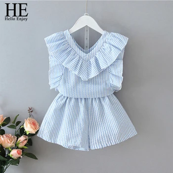 

HE Hello Enjoy Girl Clothes Suit Set 2020 Summer New Striped Ruffled Top + Shorts 2pcs Baby Kids Children Clothing Outfits