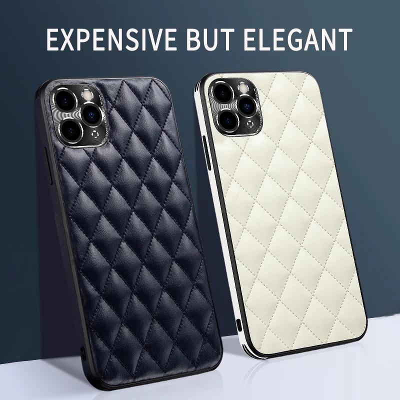 Hyso Luxury High Quality Lens Protection Shockproof Rhombus Plaid Leather Mobile Phone Case For iPhone 11 12 Pro Max Funda Coque
