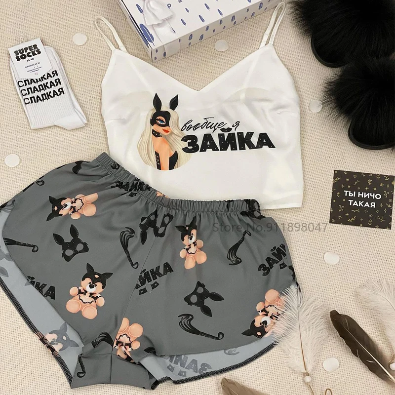Women Sexy Pajama Sets Animal Cartoon Pattern Print Sleepwear Strap Sleeveless Cami Female Silk Pijamas Night Wear Home Suit women pajamas set,women pajama suit