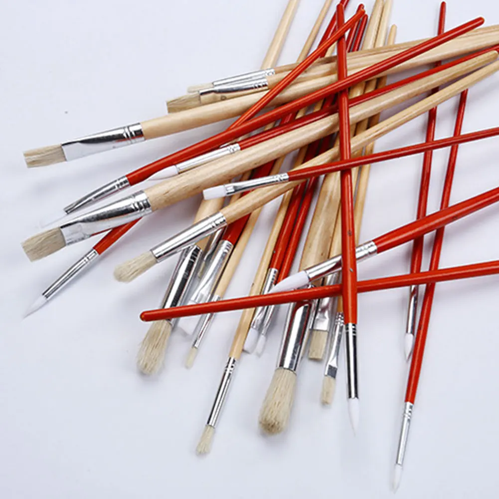 24PCS Wood Handles Supplies Different Shape School Gouache Paint Brushes Watercolor Painting Nylon Pointed Tip Children Office