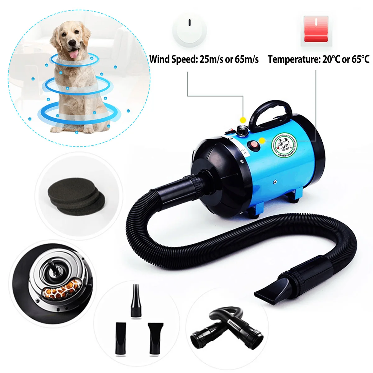 Billige 3 farbe Eu Stecker 2800W Pet Trockner Gebläse Einstellbar Hund Pflege Trockner Pet Haar Trockner Starke Power Low noice Gebläse mit 3 düsen