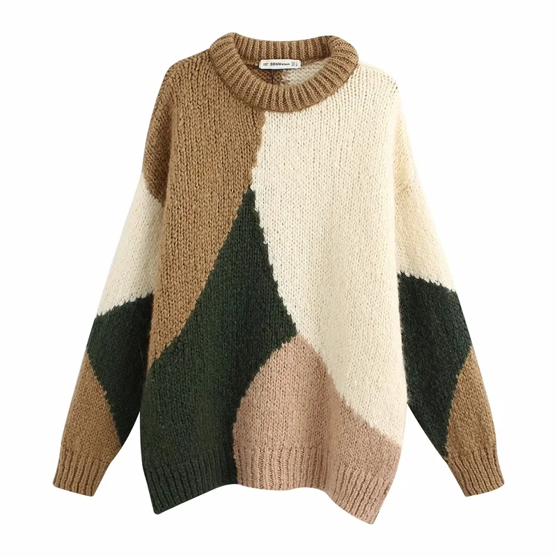 

2020 New Women's Fashion Round Neck Color Matching Thick Strip Knitted Loose Geometric Long Sleeve Sweater